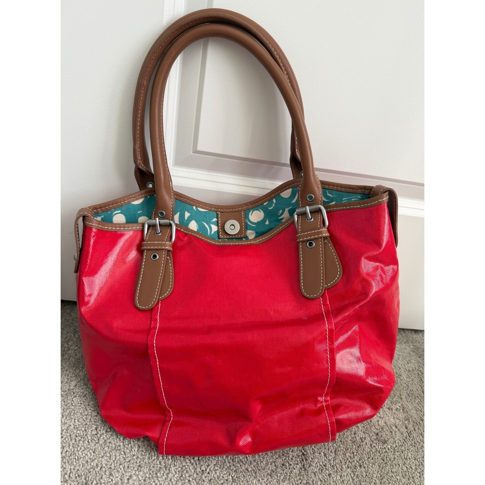 Vintage Boden Red Coated Canvas Tote Bag Brown Trim Buckle Detail Shoulder Bag